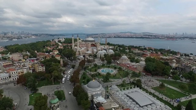Aerial view of Blue Mosque and Hagia Sophia