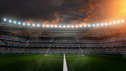 Soccer stadium, green grass and night sky. 3d renering