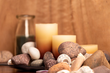 energetic stones, soft light and aromatic candles for yoga session
