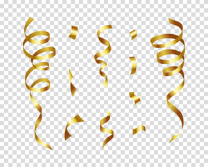 Fototapeta premium Realistic golden confetti and twisted ribbon objects. Shiny festive serpentine isolated on transparent background. Wedding ceremony luxury decoration. Anniversary celebration vector illustration.