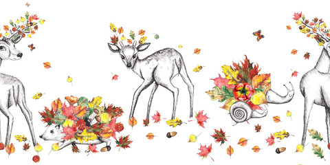 Watercolor autumn seamless border with monochrome doodle animals: adult deer, fawn, hedgehog, snail and watercolor autumn leaves