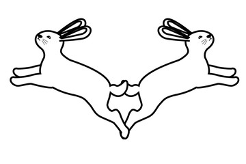 Cute two rabbits animals cartoons in black and white