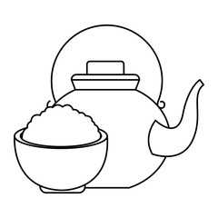 Teapot and rice in bowl cartoon in black and white