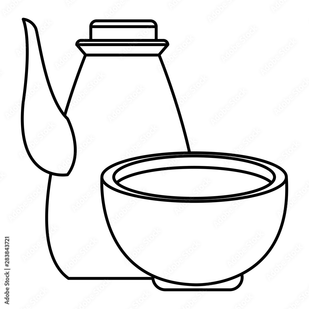 Poster teapot and tea drink in cup in black and white