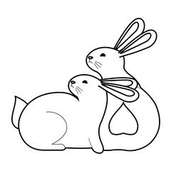 Cute two rabbits animals cartoons in black and white