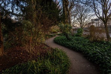Pathways with green lawns, in the garden. Top view of curve walkway on beside a river
