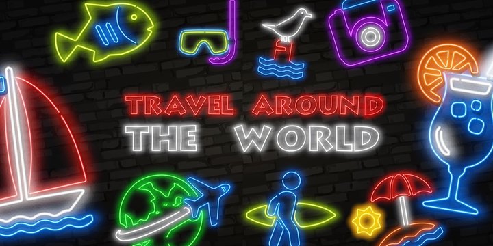 Big set of Summer Travel Neon Icons. Vector Illustration of Vacation Promotion. Neon Time to Travel and Summer Holiday icon