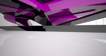 Abstract architectural violet and black gloss interior of a minimalist house with large windows.. 3D illustration and rendering.