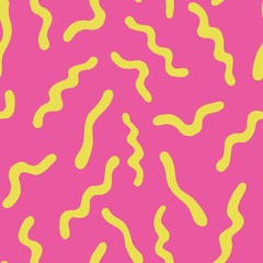 Yellow worm on a pink sheet. Simple microbes. Seamless children's backgrounds with funny maggots. For children's creativity.