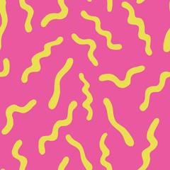 Yellow worm on a pink sheet. Simple microbes. Seamless children's backgrounds with funny maggots. For children's creativity.