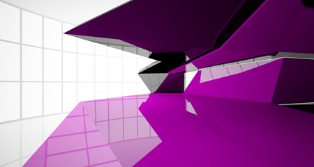 Abstract architectural violet and black gloss interior of a minimalist house with large windows.. 3D illustration and rendering.