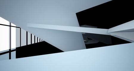 Fototapeta premium Abstract architectural white and black gloss interior of a minimalist house with large windows.. 3D illustration and rendering.