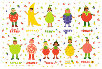 Kids in fruits costumes flat characters set
