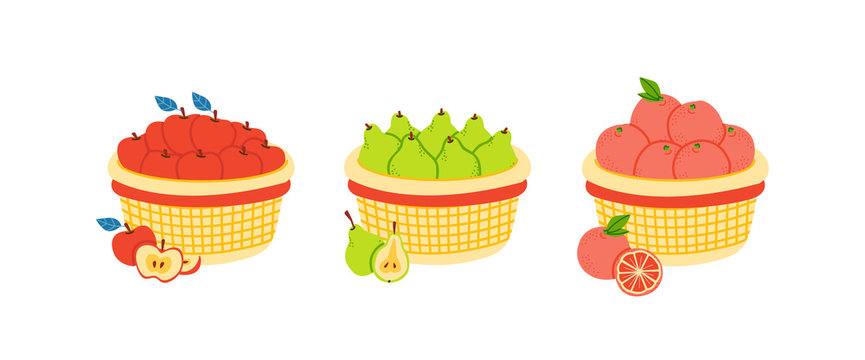 Baskets with fruits flat vector illustration 