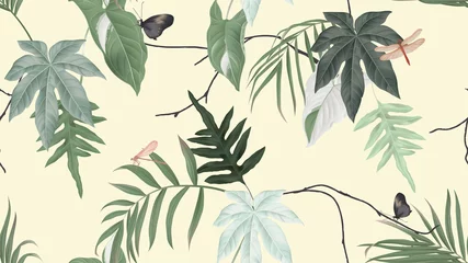 Zelfklevend Fotobehang Botanical seamless pattern, various green leaves with butterfly and dragonfly on light yellow, pastel vintage theme © momosama