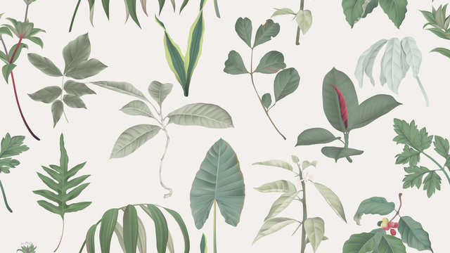 Botanical seamless pattern, various green leaves on light brown, pastel vintage theme
