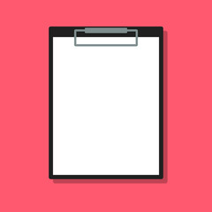 black clipboard with blank sheet, flat vector illustration