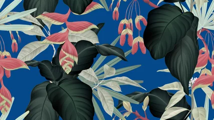 Foto op Plexiglas Botanical seamless pattern, various green leaves and red flowers on blue, pastel vintage theme © momosama