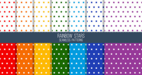 rainbow colored stars shapes polka dots style vector seamless pattern set