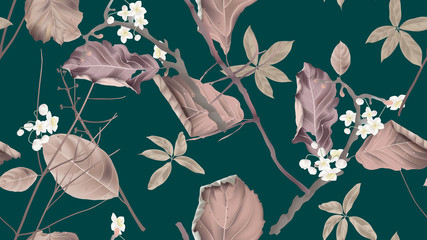 Botanical seamless pattern, white flowers and dried leaves with branch on green, pastel vintage theme