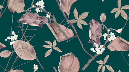 Foto op Plexiglas Botanical seamless pattern, white flowers and dried leaves with branch on green, pastel vintage theme © momosama