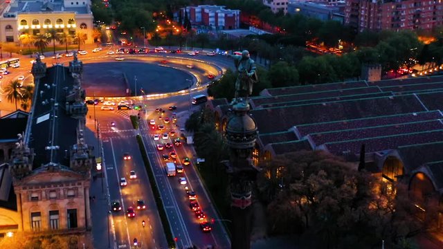 Harbor of Barcelona and Passeig de Colom at night, Spain