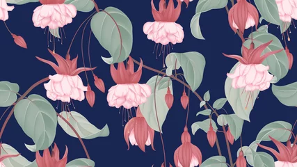 Botanisches nahtloses Muster, fuchsiafarbene, eisrosa Blüten mit Blättern auf dunkelblauem, pastellfarbenem Vintage-Thema © momosama