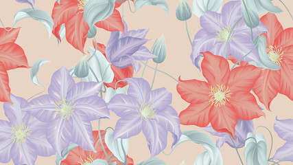 Botanical seamless pattern, red and purple clematis flowers with leaves on light orange, pastel vintage theme