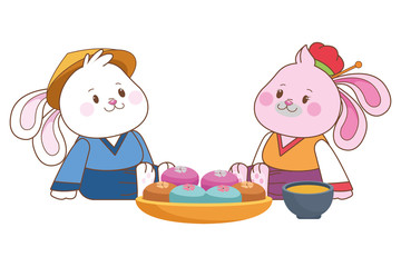 Mid autumn rabbits couple eating food cartoon