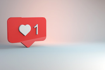 Creative illustration of social network icon. One red 3d social media notification love like heart icon. Miss you.
