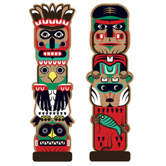American indians totems flat color illustration on white