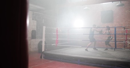 Female boxer with trainer using focus pads