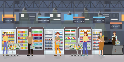 People shopping in supermarket interior with goods on shelves .