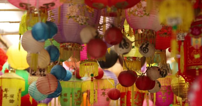 Chinese lanterns hanging in a shop at Chinatown. Shot in 4k slowmotion in Los Angeles.mov