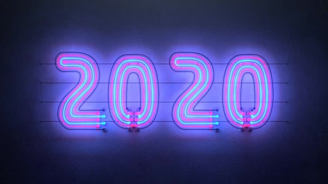 Blue and red neon sign 2020 on wall. Christmas and New Year celebration. Seamless loop 3D render animation