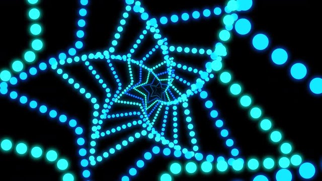 Geometric blue glitter neon shining star emission kaleidoscope effect black background, flying spot vortex looping dot pentagram eddy launch spread, club show party intro, opening title, screensaver