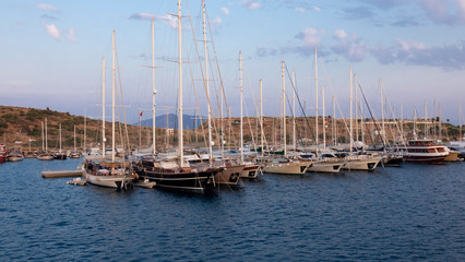 Fototapeta na wymiar Bodrum, Turkey-June 2019 :Yacht in the Bay of the Aegean sea.