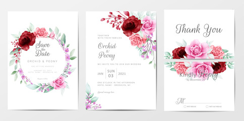 Wedding invitation cards template set with beautiful floral arrangements