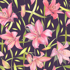 Floral seamless pattern with red lily flowers and green leaves. Hand painted watercolor illustration.