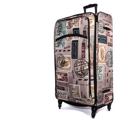 Colorful travel suitcase luggage on white background isolated. Travel symbols printed on the travel bag