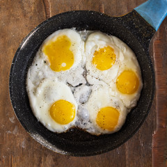 Scrambled eggs in a pan of five eggs, top view