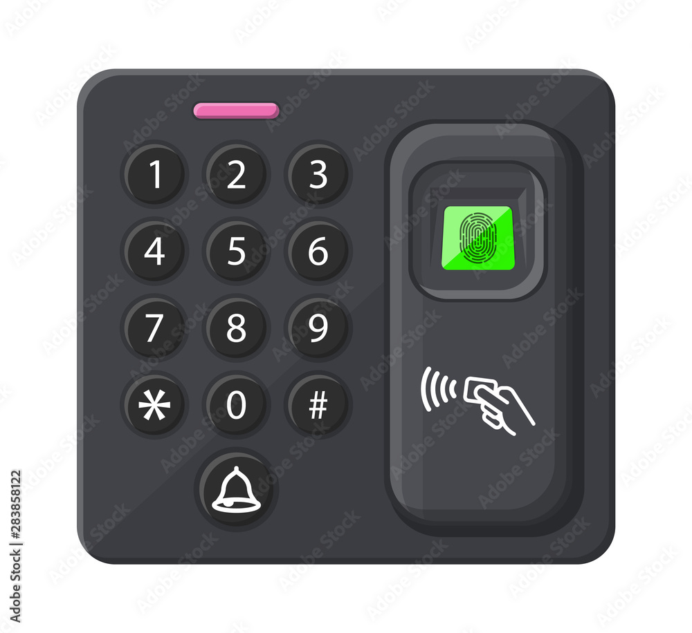 Poster password and fingerprint security device at office or home door. access control machine or time the 