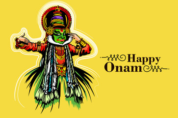 illustration of colorful Kathakali dancer and snakeboat race in Onam celebration .
