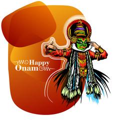 illustration of colorful Kathakali dancer and snakeboat race in Onam celebration .