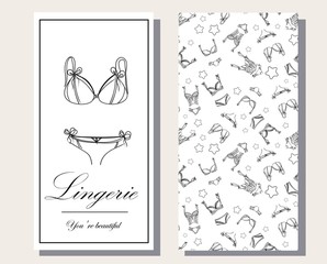 Logo and seamless pattern for Fashionable women's lingerie collection, vector illustration sketch. BRAND STYLE of women's lace underwear, panties, bras, corsets, bodies, garters, stockings, pajamas,.