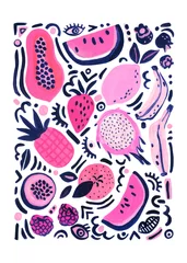 Raamstickers Tropical fruits poster with watermelon, banana, orange, lemon, berries pop art doodles © Tanya Syrytsyna