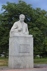 Obraz premium Moscow, Russia, Monument to the designer of rocket engines and space systems academician Valentin Glushko on Cosmonauts alley in the space Park Kosmopark on a summer day close-up