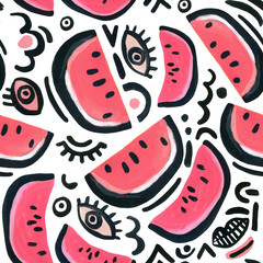 Pop art watercolor seamless pattern with watermelon, 80s 90s doodle elements