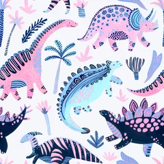 Tapeten Cute cartoon dinosaurs seamless pattern in scandinavian style © Tanya Syrytsyna
