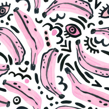 Unusual trendy background with banana, pop art doodles in pastel pink and black dark colors